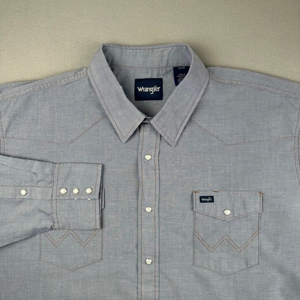 Wrangler Western Snap Shirt Mens 20x36 Light Blue Pearl Snap 70130MW Long Sleeve